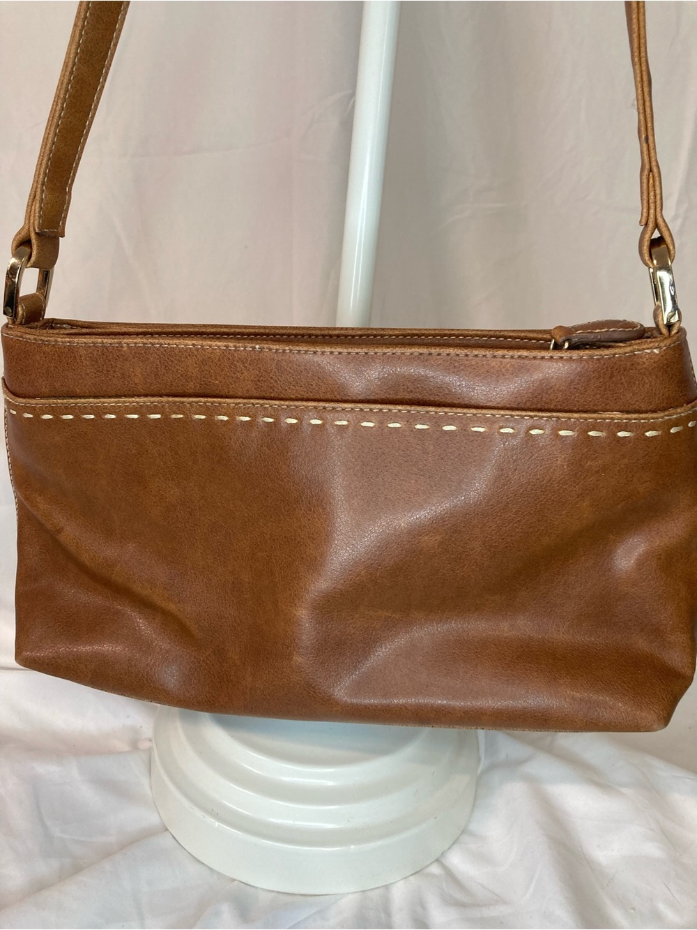 Liz Claiborne Tan Brown Leather Shoulder Bag with Topstitch Detail